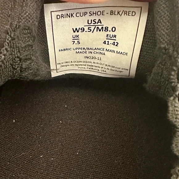 AUTHENTIC In-N-Out Drink Cup Slip-on Shoes in BLACK - Women’s 9.5 / Men’s 8 - Picture 9 of 12